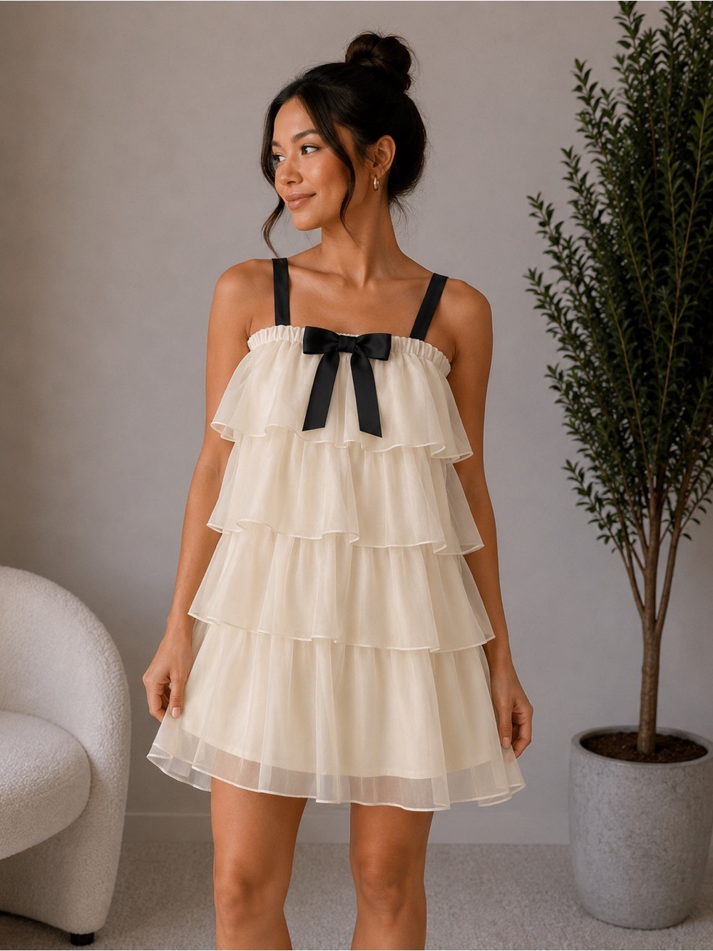 Lulu’s Deluxe Vision Ivory and Black Tiered Bow Shift Mini Dress